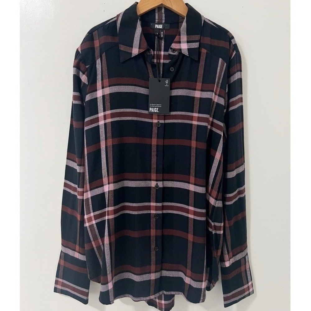 PAIGE Davlyn Shirt Navy Tinted Taupe Plaid Button Down Long Sleeve Small NEW‎